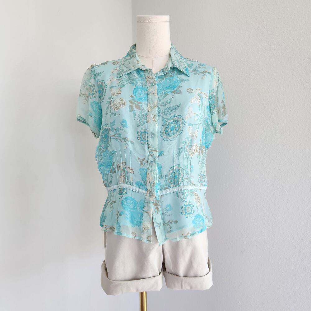Y2K Worthington Light Blue Floral Silk Short Sleeve Button Down Blouse M